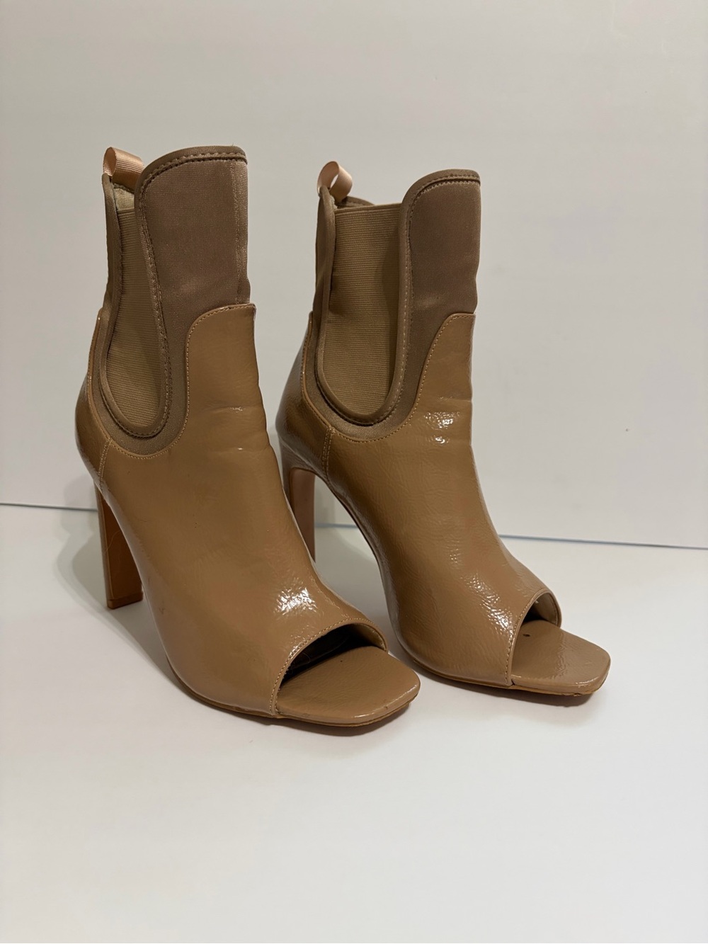 Fashion Nova Tan Peep-Toe Goal Getter bootie!